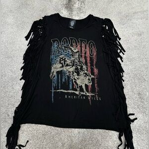 Vocal Black Fringe Tank Top with Rodeo Graphic